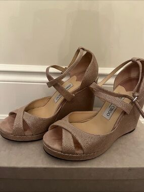 JIMMY CHOO Wedges Pink Textured Glittery Alanah Sandals Espadrilles Size 38.